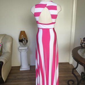 IPONA Striped Sundress Long Dress V- Neck Cutout A-Line Sleeveless Spandex S